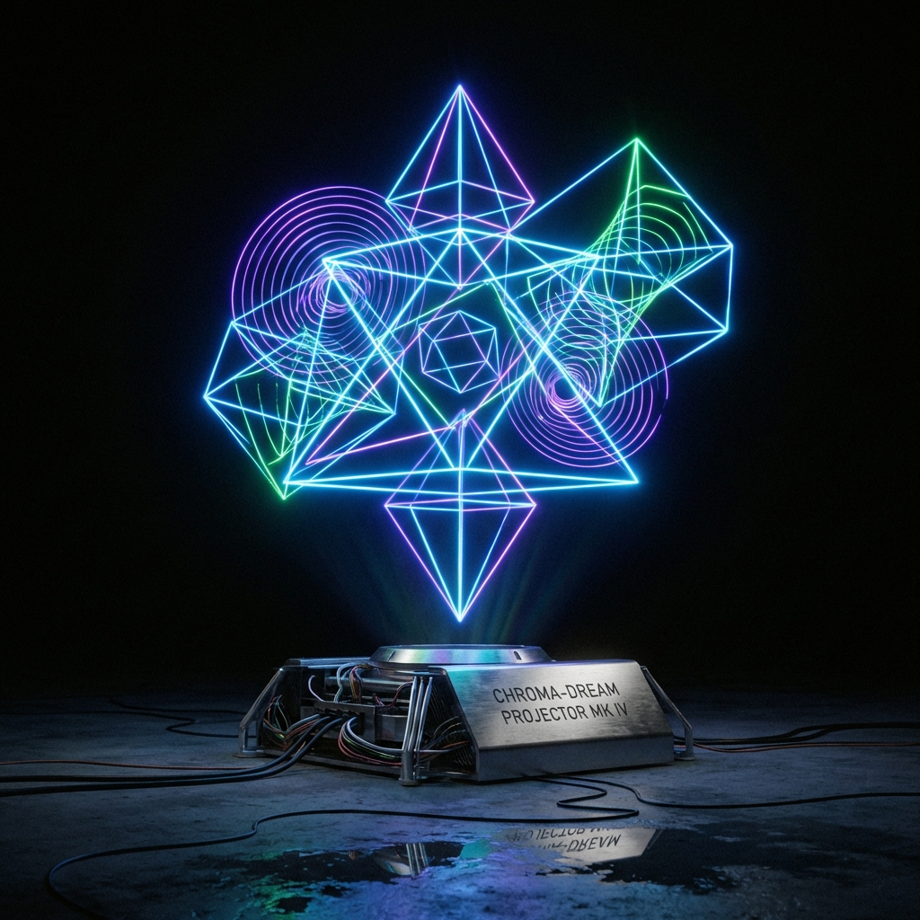A close-up of a holographic art installation in a dark room, glowing neon geometric shapes, futuristic aesthetic, sharp focus.